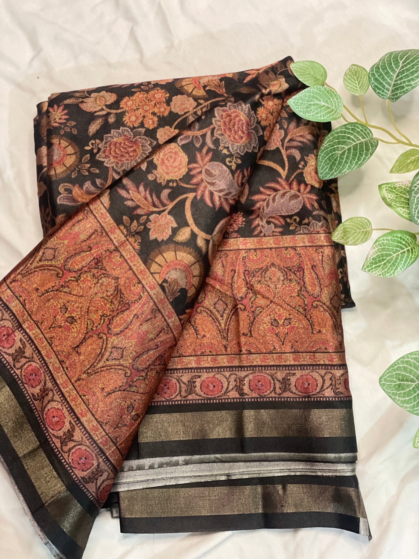 Black Floral Kashmiri Semi Silk Saree
