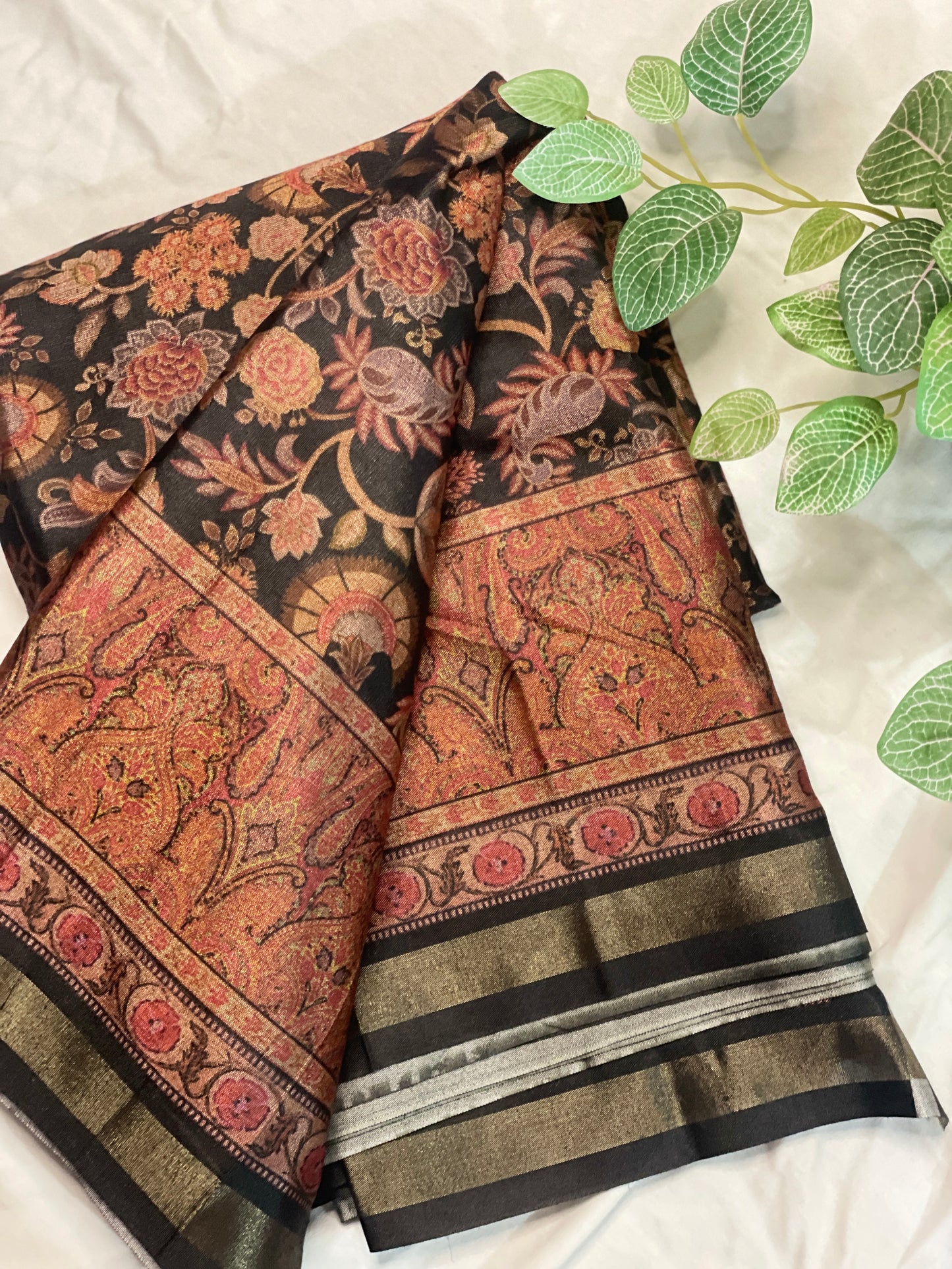 Black Floral Kashmiri Semi Silk Saree