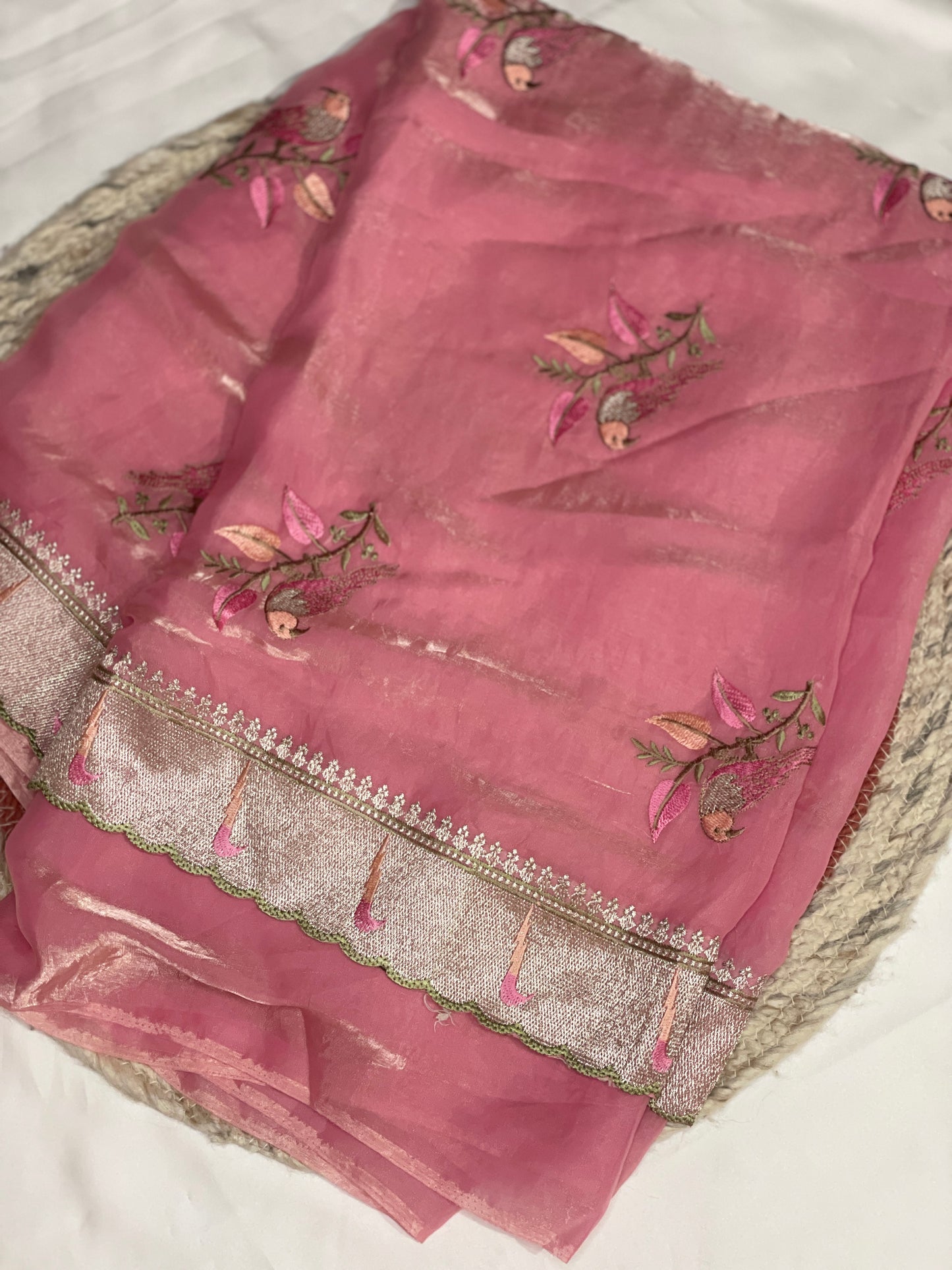 Parrot Embroidery Pure Tissue Silk Saree