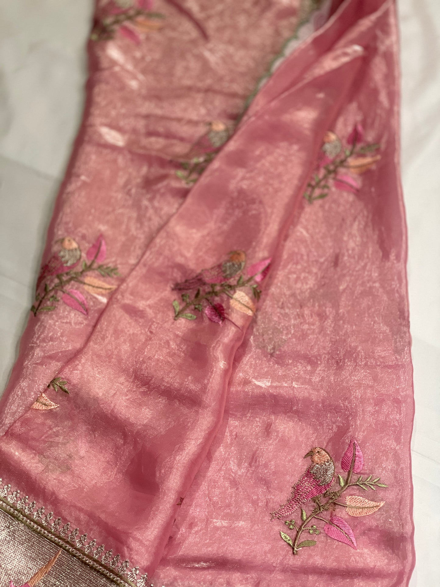 Parrot Embroidery Pure Tissue Silk Saree