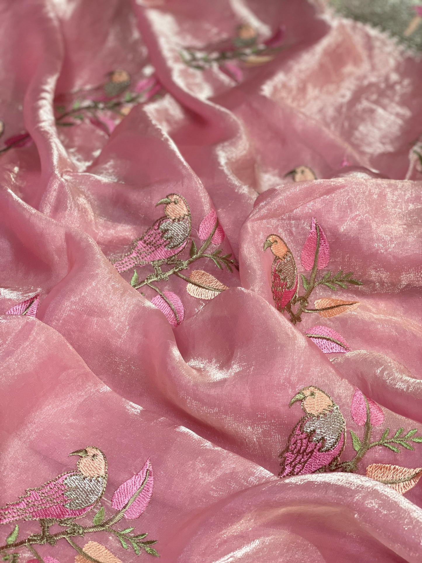 Parrot Embroidery Pure Tissue Silk Saree