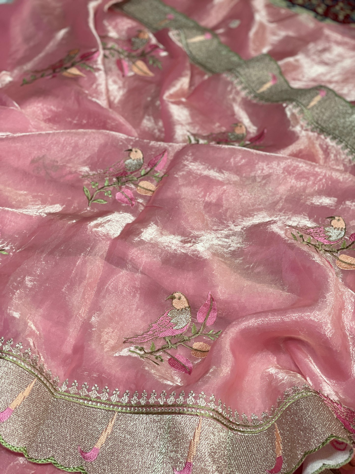 Parrot Embroidery Pure Tissue Silk Saree