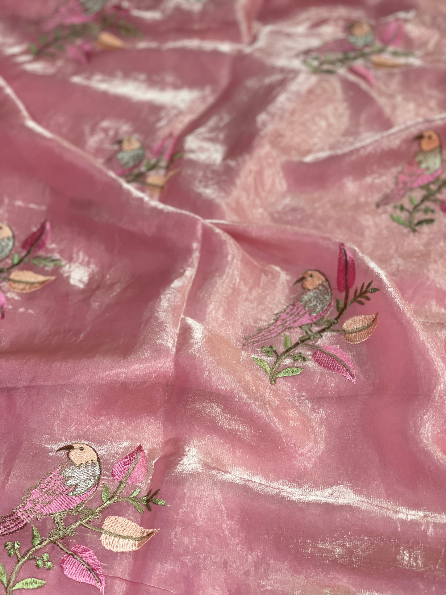 Parrot Embroidery Pure Tissue Silk Saree