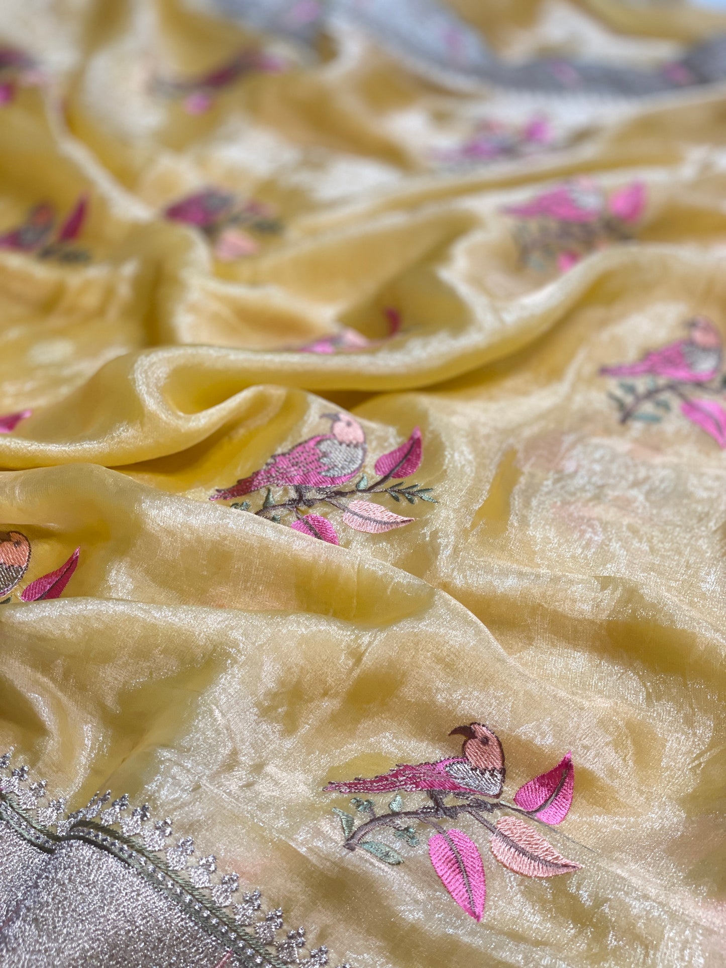 Orange Embroidery Pure Tissue Silk Saree