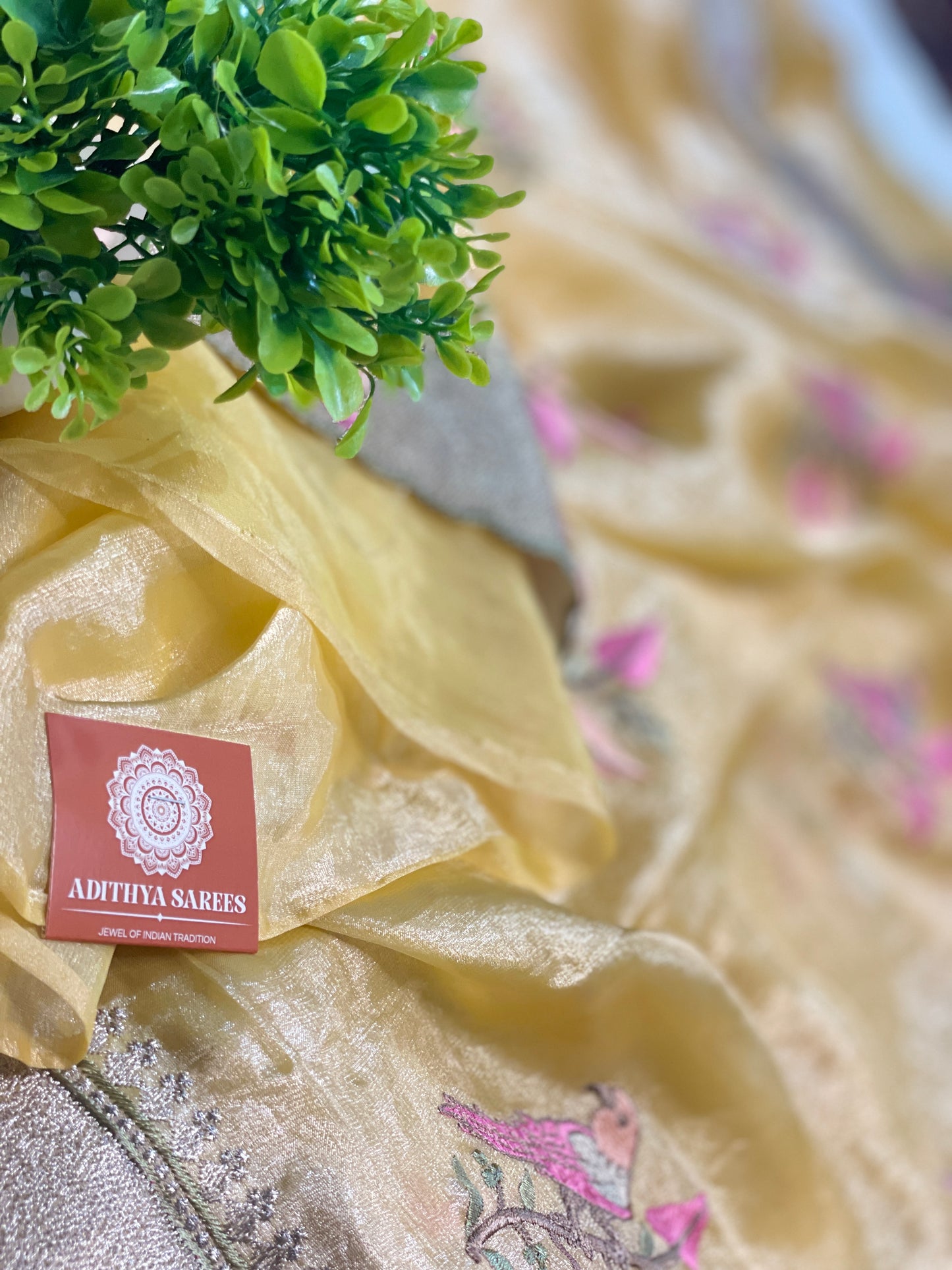 Orange Embroidery Pure Tissue Silk Saree