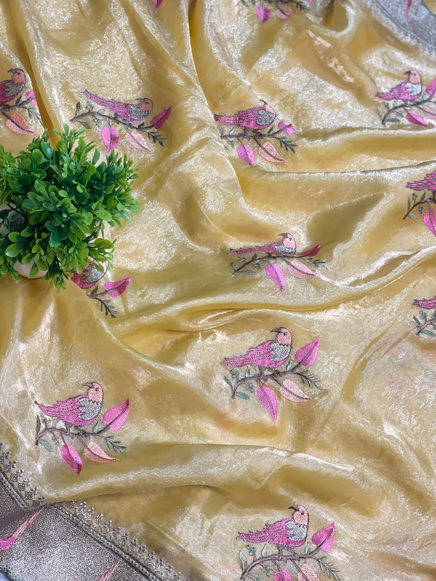 Orange Embroidery Pure Tissue Silk Saree