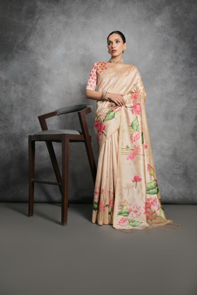 Cream Lotus Print Tussar Silk Saree