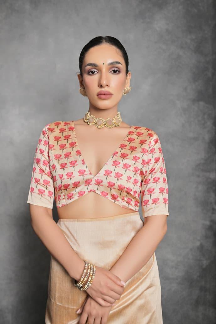 Cream Lotus Print Tussar Silk Saree