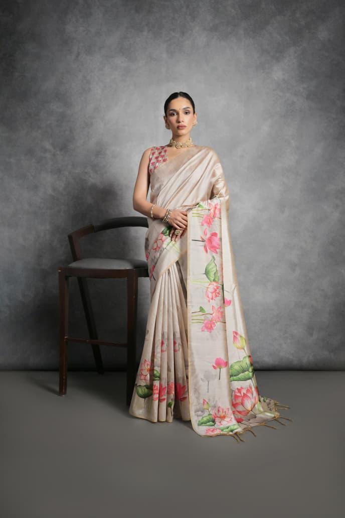 Cream Lotus Print Tussar Silk Saree
