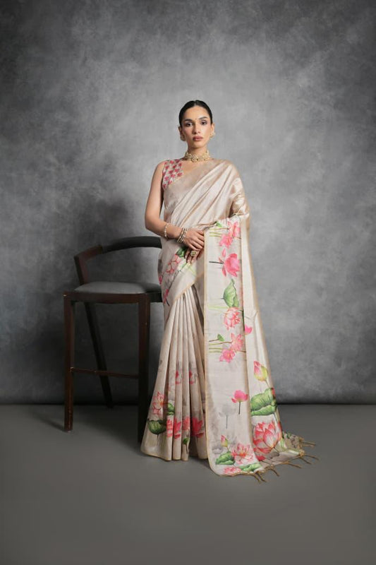 Cream Lotus Print Tussar Silk Saree