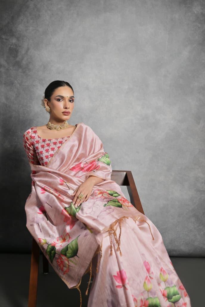 Pink Lotus Print Tussar Silk Saree