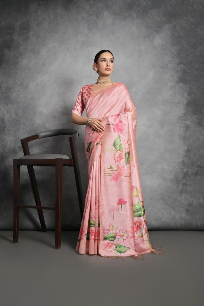 Pink Lotus Print Tussar Silk Saree
