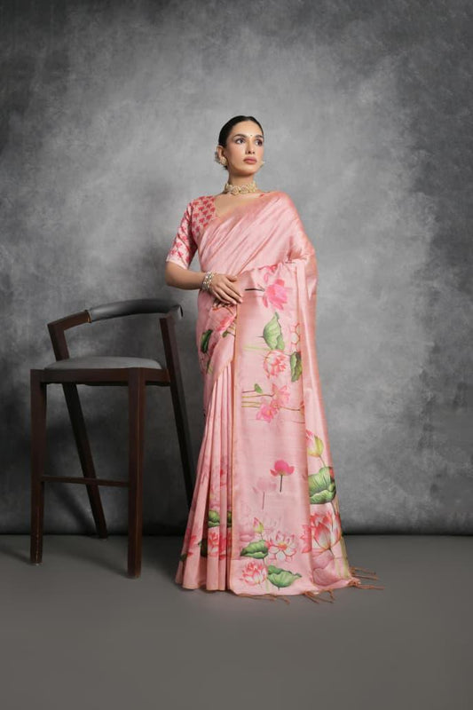 Pink Lotus Print Tussar Silk Saree