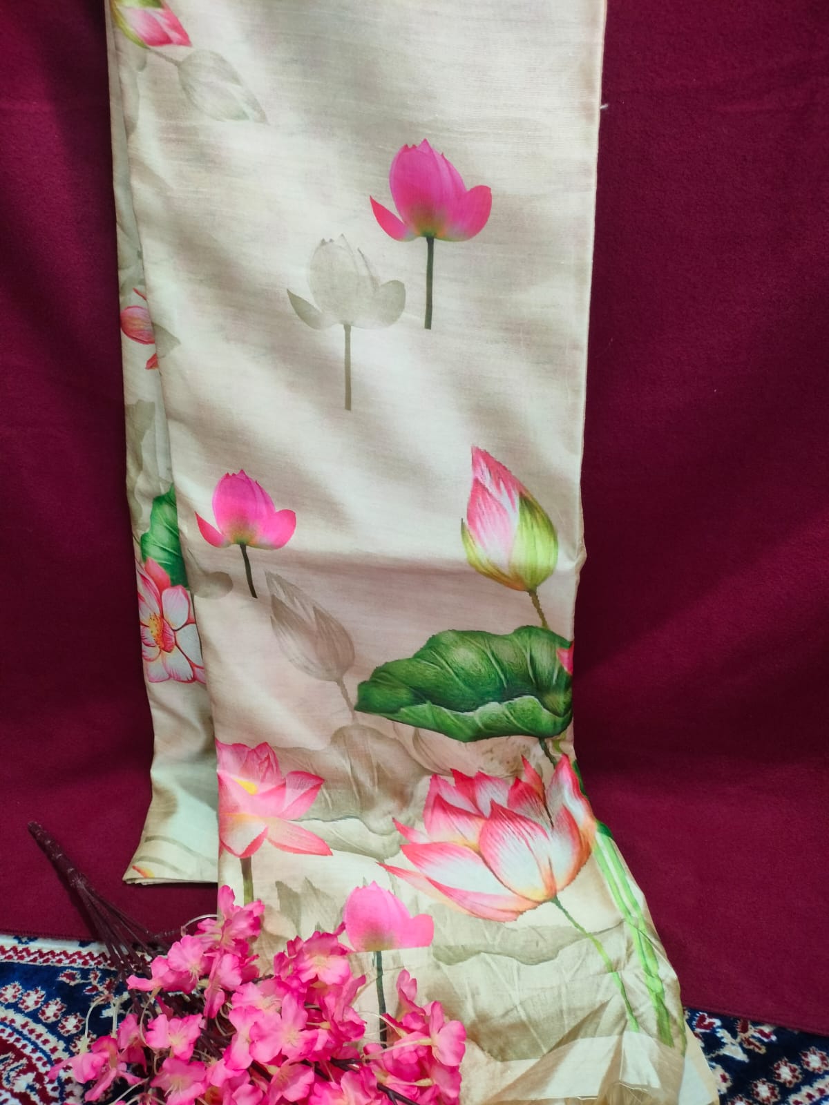 Cream Lotus Print Tussar Silk Saree