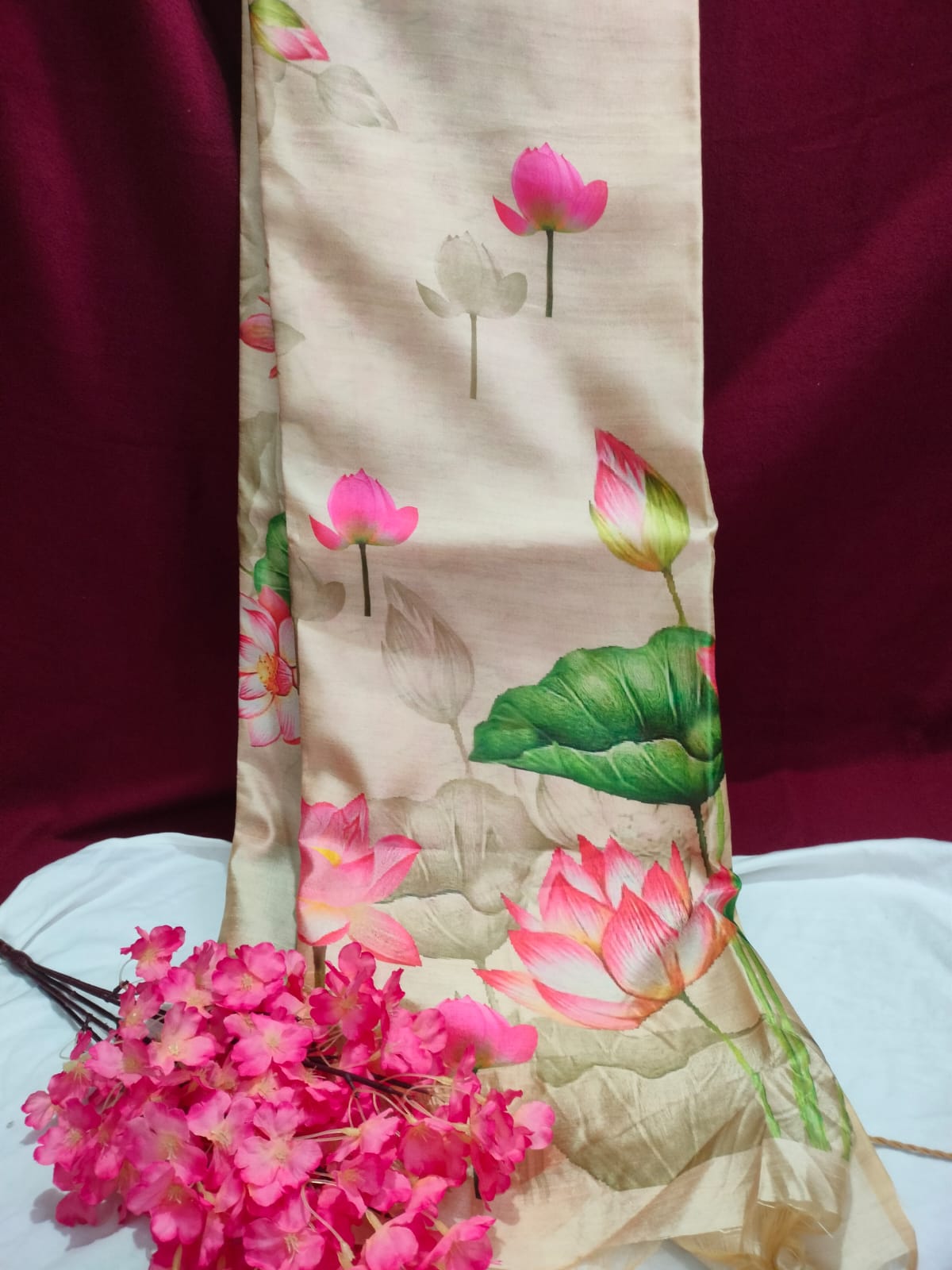 Cream Lotus Print Tussar Silk Saree