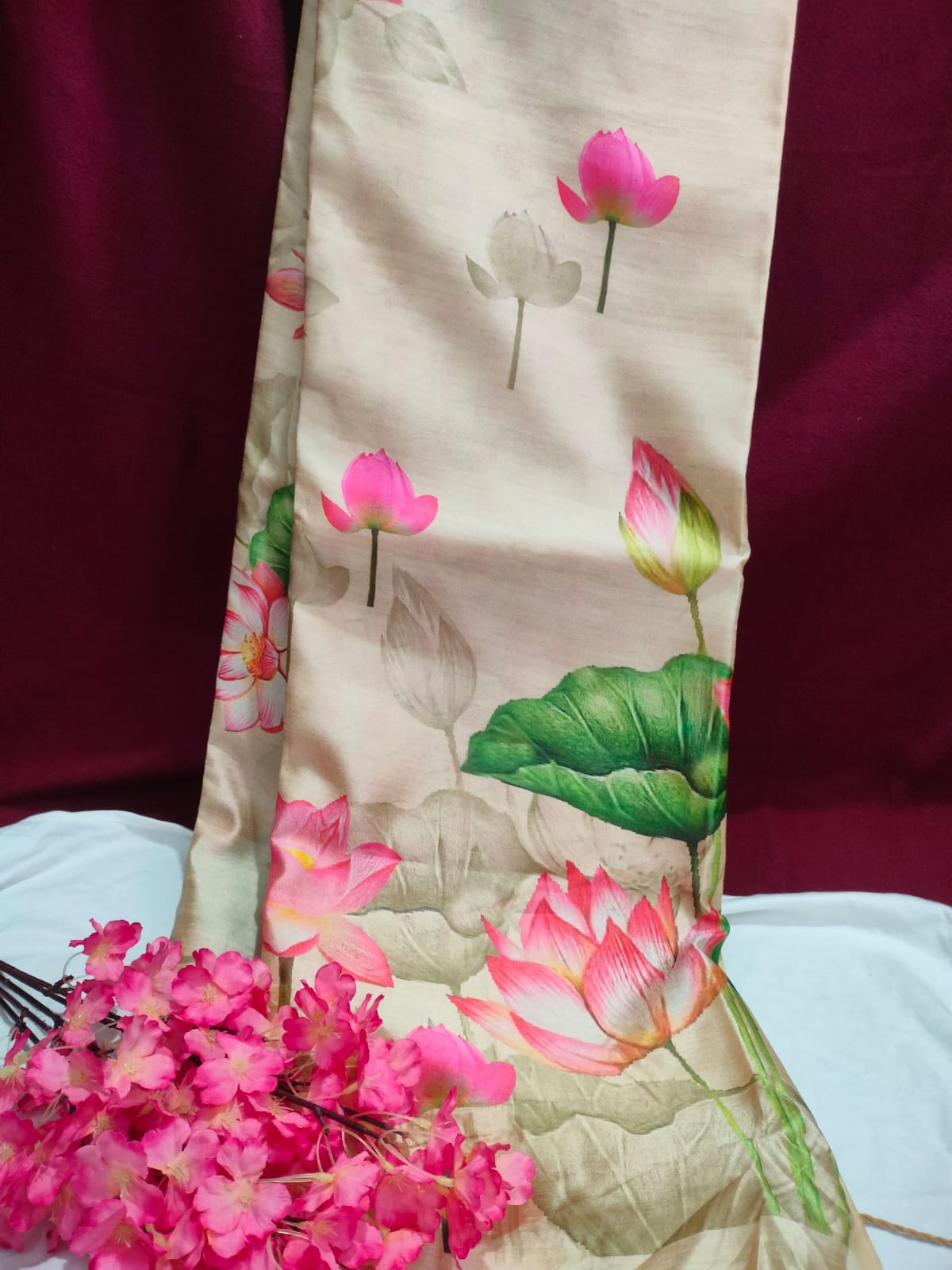 Cream Lotus Print Tussar Silk Saree