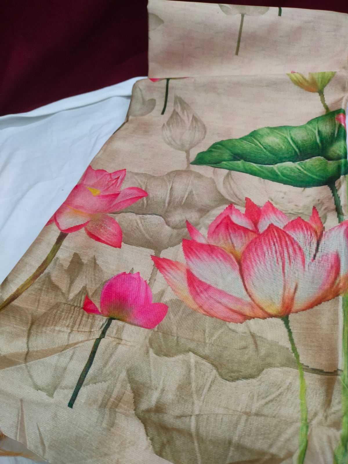 Cream Lotus Print Tussar Silk Saree