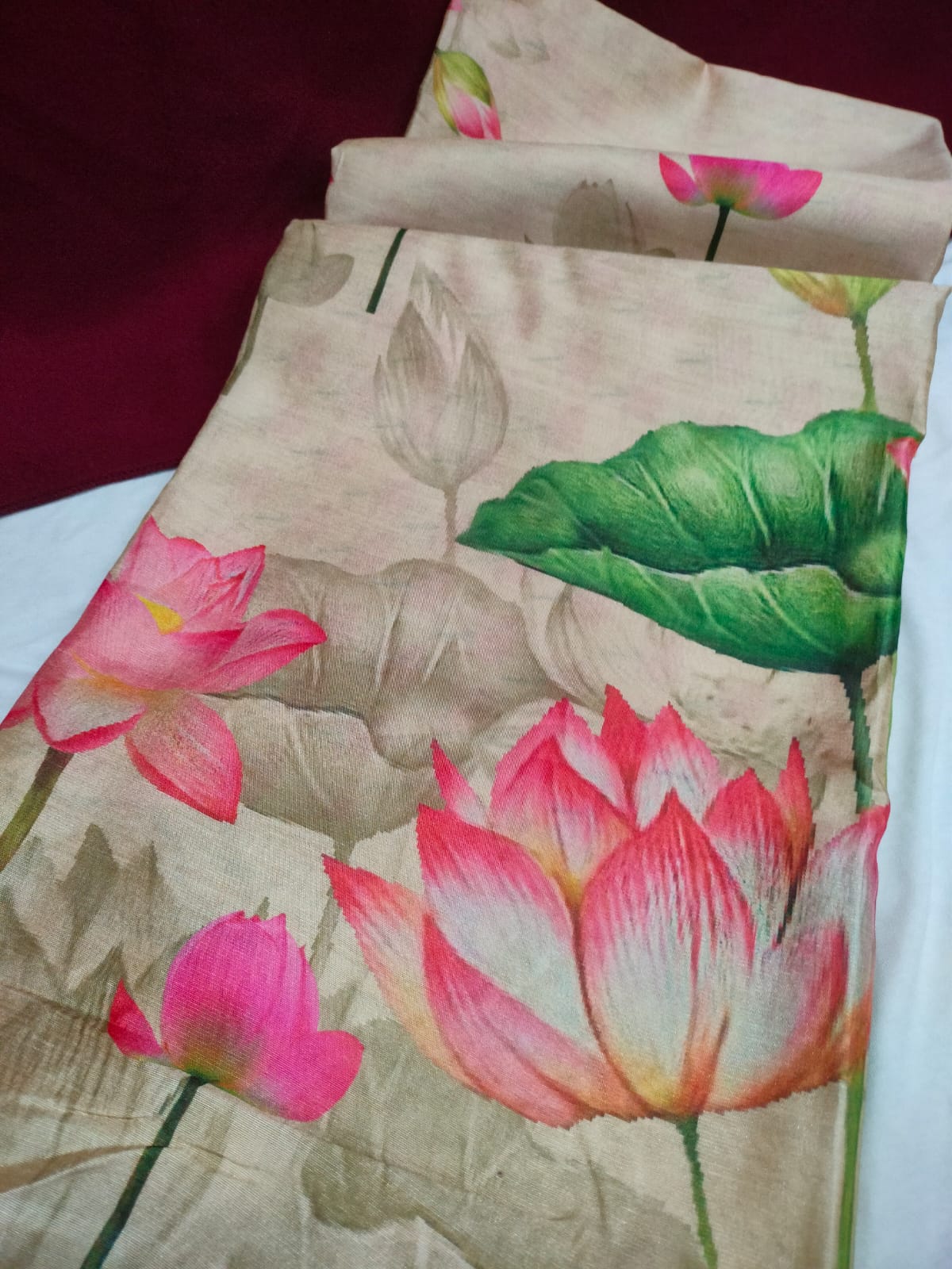 Cream Lotus Print Tussar Silk Saree