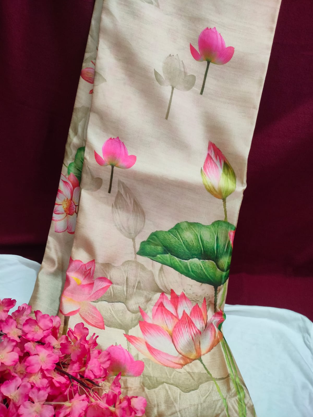 Cream Lotus Print Tussar Silk Saree